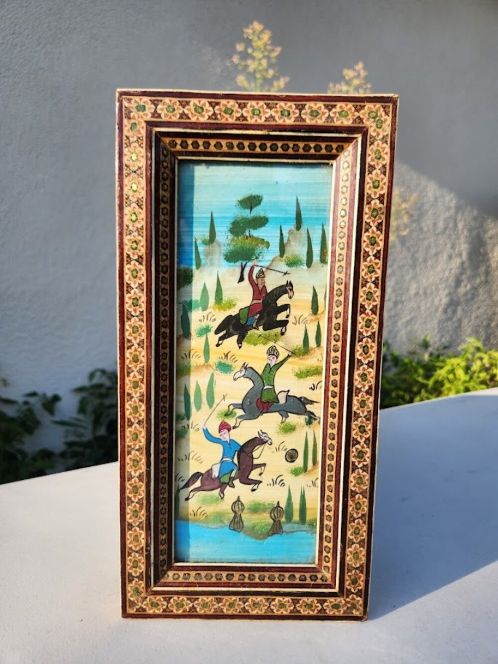 Vintage Persian Miniature Polo Painting Khatam Inlay Frame Folk Art Marquetry